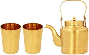 IndianArtVilla Brass Tea Kettle Pot Inside Tin Lining With 2 Glass, For serving Tea Coffee, Tableware, 350 ML, Gold Jug Glass Set