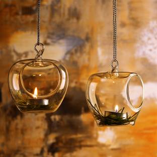 Homesake Glass Apple borosil, Tea Light, Hanging candles, Planters for Indoor and Outdoor Decoration pots for Plants Home Decor, with metal hanging chain, set of 2 Glass 2 - Cup Tealight Holder Set