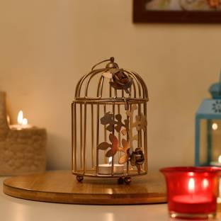 Homesake Table Decor Metal Bird Cage Light Antique Diwali Showpieces for Home Decor tealight candle holders | Tea Light Holder with Flower Vine Antique Lantern Candlestick Holders for Home, Living Room, Mandir Decoration Iron Tealight Holder Set