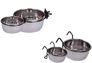 Sage Square Stainless Steel Birds Feeder Bowl with Clamp Holder, 200 ml Birds Coop Cup Feeder Bowl with Hook Holder, 200 ml (Pack of 2 bowls) Round Steel Pet Bowl