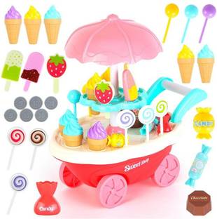 Authfort 30Pcs Candy Ice Cream Trolley Children Pretend Play Toys Simulation Candy Music Ice Cream Toys Set Mini Push Car Play House Gift