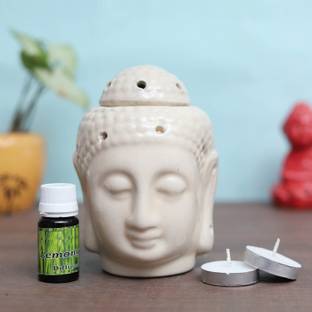 Flipkart Perfect Homes Citrus Diffuser Set Ceramic Buddha Face Tealight diffuser with 2 Tealight Candles and 10 ml oil Free