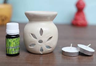 Flipkart Perfect Homes Citrus Diffuser Set Ceramic Tealight Diffuser (Flower Cut Design )White Color with 2 Tealight Candles and 10 ml Fragrance oil