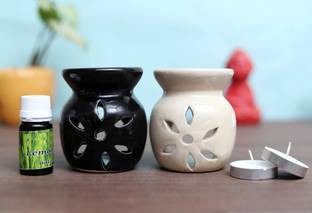 Flipkart Perfect Homes Citrus Diffuser Set Ceramic Tealght Diffuser Combo (Black & White Color ) set of 2 with 2 Tealight Candles and 10 ml oil