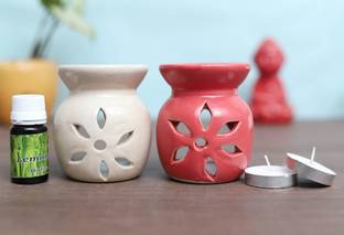 Flipkart Perfect Homes Citrus Diffuser Set Ceramic Tealght Diffuser Combo (Red & White Color ) set of 2 with 2 Tealight Candles and 10 ml oil