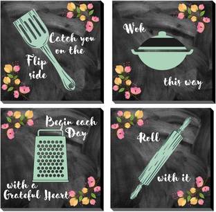 DecoDrama Kitchen Quotes (Flip Roll Wok Grateful) Wall Painting, Hanging Framed On 6mm MDF Board for Dining Room, Kitchen Digital Reprint 7.5 inch x 7.5 inch Painting