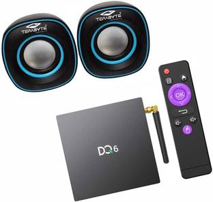 TERABYTE Android TV Box 4GB RAM 64GB ROM, Android 10.0, DQ6 Support r, Thop TV RK3318 Quad-Core 64 Bits Dual-WiFi 2.4GHz/5GHz Bulit-in Antenna Bluetooth, USB 3.0 3D 4K AOSP TV Box Media Streaming Device (Black)+ TB 015 ANDROID BOX/Laptop/Desktop Speaker (Black and Blue, 2.0 Channel) Media Streaming Device
