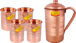 Shivshakti Arts Pure Copper Jug / Pitcher with 4 Glasses - Drinkware Set - Silver Touch Design - (Capacity = 1.1 - Liter) - 5 Pieces Set Jug Glass Set