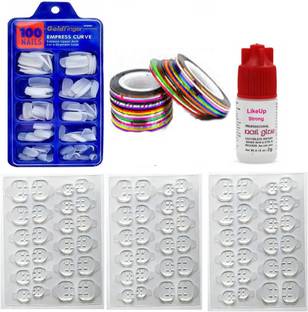 LikeUp Professional Quality Artificial Clear white Dynamic shinning professional Finger Empress Curve 100 Tips Fake Nails with 3 Sheet Double Sided Nails Glue Sticker and 2 Roll 1mm Glitter Clear white