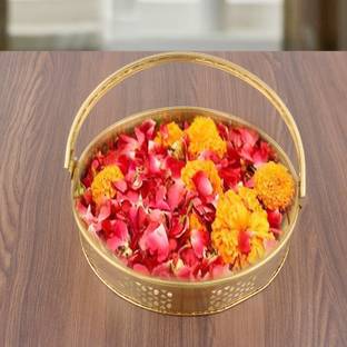 DreamKraft Brass Pooja Flower Basket (8x4IN, Gold) Brass Vase