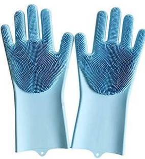 HSA Silicone Scrubbing Gloves, Scrub Cleaning Gloves with Scrubber for Dish-Washing and Pet Grooming (Multi Color, 1 Pair) Wet and Dry Disposable Glove