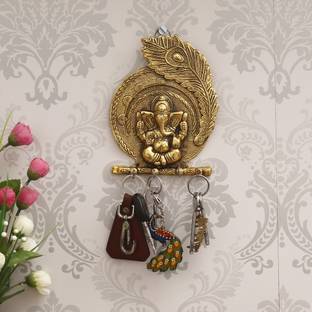 eCraftIndia Golden Lord Ganesha Mor Pankh 4 Hooks Key Holder Iron Key Holder