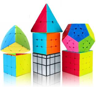 Authfort Cube Combo of Stickered silver Mirror, 3 x 3 , 4 x 4 ,Megaminx , Pyraminx, Windmill ,Mastermorphinx Tringal High Speed Stickerless Magic Puzzle Cube
