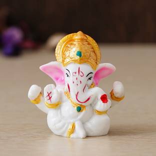 eCraftIndia White Lord Ganesha Idol with Golden Mukut Decorative Showpiece  -  6 cm