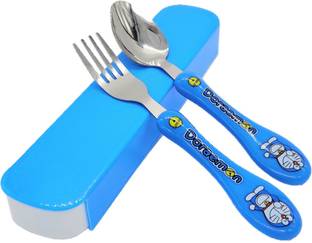 CherryBox Spoon & Fork Set - Stainless Steel with Carry Case for Kids with Cute Character (Blue) Stainless Steel, Plastic Cutlery Set