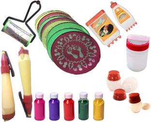 Upyukat 10 round stencils (8" Inches), 2 outliner pen (double line), 1 rangeela patta, 1 galicha patta, 1 rangoli roller, 3 small and 1 big filler and 5 colour bottles- A Complete Rangoli kit for Unique Rangoli designs Rangoli Stencil