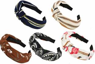 LOOM LEGACY Hair Accessories Korean Style Solid Fabric Knot with Tape Plastic Hairband Headband for Girls and Women ( Multicolour and Designs) Head Band Pack of 5 Pcs Hair Band