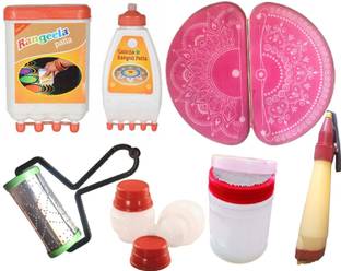 Upyukat Rangoli making kit for home/office decoration- 2 pcs of half round stencils (semi-circle)-Size 36X20 cm, 2 Small and 1 big colour filler, 1 roller, 1 galicha patta, 1 rangeela patta, 1 rangoli outliner pen (double line) Rangoli Stencil