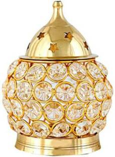 Regallo Brass Akhand Diya | Diamond Crystal Deepak/Dia | Akhand Jyot | Magical Lantern Brass Diya | Decorative Brass Crystal Oil Lamp | Tea Light Holder Lantern | Puja Lamp Brass Table Diya (Height: 4 inch) Brass Table Diya