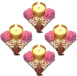 Natali Traders Decorative Lord Ganesh Tea Light Candle Holders with Tea Light Candles for Birthday, Diwali Diya, Pooja, Navratri, Home Decoration, Decorative Items, House Warming (4) Gold Plated 4 - Cup Tealight Holder Set