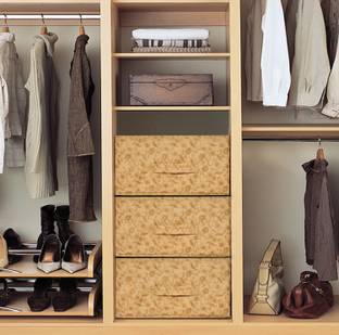 KUBER INDUSTRIES Designer Metalic Floral Print Non Woven Fabric 3-Replacement Drawer Storage And Cloth Organizer Unit for Closet (Beige)-KUBMART3482 KUBMART03482