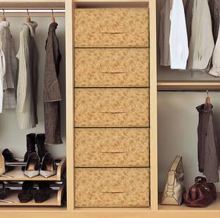 KUBER INDUSTRIES Designer Metalic Floral Print Non Woven Fabric 5-Replacement Drawer Storage And Cloth Organizer Unit for Closet (Beige)-KUBMART3486 KUBMART03486