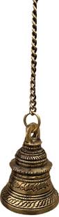 vyomika decor Ethnic Indian Handcrafted Brass Temple Bell with Chain | Brass Hanging Bell |Mandir ki Ghanti| Home Decor | Door Decor | Pooja Accessories|Size 2.4 X 3.5 X 2.4 Inches Chain Length 21 Inches Brass Pooja Bell