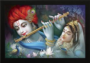 Masstone Radha Krishna Playing Flute Religious UV Coated Matt textured Framed Digital Reprint 14 inch x 20 inch Painting