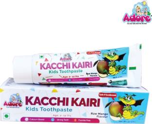 Adore Kacchi Kairi Kids Toothpaste - Calcium Based- Strong Teeth - Fluoride Free - Raw Mango Flavour - Safe if Swallowed - Ayurvedic- Tested- Removes Plaque - No Dyes and Sulphates -Tastes Awesome! - 4pcs Toothpaste