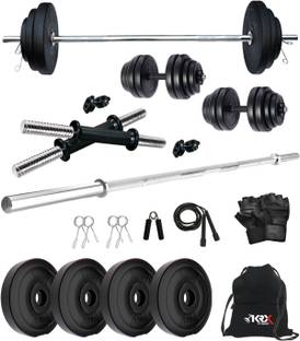 KRX 10 kg PVC 10 KG COMBO 9 with One 4 Ft Plain Rod and One Pair Dumbbell Rods with Gym Accessories Home Gym Combo