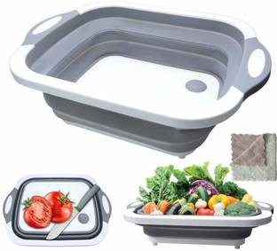 FOBHIYA 4 in 1 Multifunctional Silicon Based Kitchen Foldable Chopping Board/Vegetable Storage Box/Draining Basket/Tray to Serve, Space Saving Multi Purpose Kitchen Kit (White & Gray) Silicone, Plastic Cutting Board