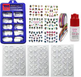 LikeUp Artificial Clear white shinning professional Finger Empress Curve 100 Tips Fake Nails with 3 Sheet Double Sided Nails Glue Sticker,2 roll glitter,5 gm glue,1 sheet nail tattoo sticker complete nail art combo