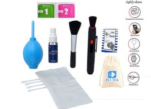 blutek Professional 9 IN 1 Multi-Purpose Cleaning Kit for Cameras, Lenses, Binoculars, LCD, Laptops, Desktops, Keyboards, etc, Includes Cloth, Brush, Liquid Solution, Powerful Dust Blower, Cotton Swabs, Magic Lenspen ,Cleaning Tissue Lens Cleaner,Wet wipes,Dry wipes (20 ml, 4x4 inch, Cotton Pouch Pack of 10)  Lens Cleaner