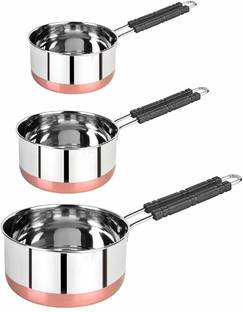 Drunna Stainless Steel Copper Bottom Sauce Pan/Milk PAN/Tea PAN/Tapeli/Patila/Bhagona 3 pcs Combo Set Capacity:- 1, 1.5, 2 Liter Sauce Pan 10 cm, 11 cm, 12 cm Diameter (Stainless Steel) Sauce Pan 12 cm diameter with Lid 2 L, 1.5 L, 1 L capacity