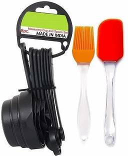 H&M Store Popular Combo - Food Grade 8Pcs Black Measuring Cups and Spoons Set, Silicone Series Spatula and Brush Set (Made in India) Kitchen Tool Set