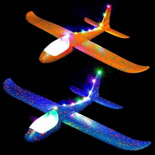 iChoice LED Lighting Aeroplane Gliders Toy Throwing Foam Plane with Dual Flying Aircraft Mode for 3 to 8 Year Kids, 17.5", Large (Random Colour) - Pack of 2