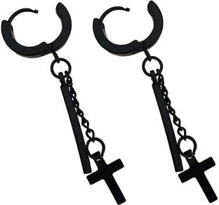 M Men Style Religious Jesus Cross Double Chain Charm Drop Hoop 2Pc Earring Stainless Steel Hoop Earring For Men And Women Metal Hoop Earring