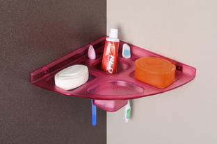 iSTAR pink Transparent Plastic Soap Dish Tooth Brush Holder Home Acrylic Bathroom Faucets Accessories 5 in 1 Corner Acrylic Wall Shelf (Number of Shelves - 1) Acrylic Wall Shelf