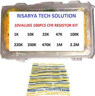 RISARYA CFR RESISTOR-E KIT OF 10VALUE(100-PCS) 10PCS EACH 5% 1/4 W 1K,10K,22K,47K,100K,220K,330K,470K,1M,2.2M Fixed Resistor