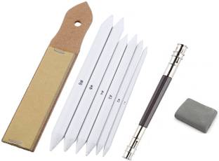 Definite Paper Art Blending Stumps White or Tortillon for Student Artists Professionals Sketching Shading Drawing with Sand Paper Stick for Sharpening Pastel and Charcoal Pencils, One 13cm Pencil Extender and One Kneadable Eraser.