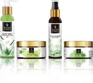 GOOD VIBES Skin Care Combo (Set of 4) - Aloe Vera Face Wash, Cucumber Toner, Neem & Tulsi Gel, Tea Tree Face Cream