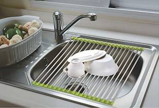 HAPYSA Dish Drainer Kitchen Rack Steel Multipurpose Stainless Steel Roll Up Sink Drying Rack
