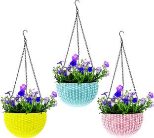 AGAMI Woven Design 7" dia. Hanging Euro Basket For Indoor and Outdoor with Chain for flowers and Plants Plastic Vase