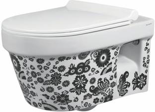 BM BELMONTE Ceramic Designer Wall Hung / Wall Mounted Rimless Western Commode Toilet / Water Closet / WC Retro Printed White with Soft Close Slim Seat Cover Western Commode