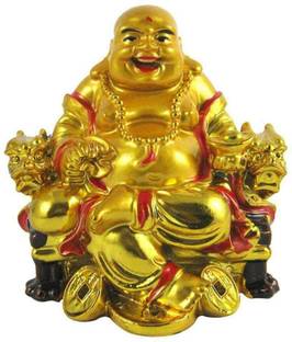 Ragni creation Feng Shui Lucky Laughing Buddha, medium size statue (4 inches), Happy Man for Good Luck, Wealth, Prosperity at Home, Office Decorative Showpiece,Happy Man for Office-Desk, Table Decor, Home, shop and Car Dashboard - Decorative Showpiece, Vastu/feng Shui Laughing Buddha for Wealth and Buisness (Buddha with Money Potli) - Polyresin gold Decorative Showpiece  -  8 cm