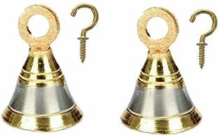 Sun Shield Decorative Brass Hanging Pooja Room Bells With J Hook Silver Gold 50mm, 2 Inch - Set of 2 pcs Brass Pooja Bell