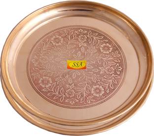 Shivshakti Arts Pure Brass Dinner Plate | Thali Set For Pooja & Serving Purpose (Engraved Flower Design, 8.25 Inch) - 2 Piece Quarter Plate