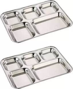 Rhtdm Stainless Steel Lunch Dinner Plate Bhojan Thali | Mess Tray | Bhandara Plate | 5 in 1 Compartment Dining Set | Mirror Polish | 33cm X 26cm| Depth 27mm | 277 Gram wgt. Per Plate | (Set Of 2) Dinner Plate