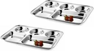 Rhtdm Stainless Steel Lunch Dinner Plate Bhojan Thali | Mess Tray 5 in 1 Compartment Dining Set | Mirror Polish | 33 cm X 26 cm| Depth 29mm | 277 Gram wgt. Per Plate |Set of 2 Dinner Plate