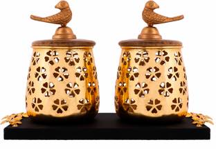 IndianArtVilla Designer Set of 2 Carved Metal Container Golden Metal Bird On The Top with Tray, Height:- 6.9" Inch Container Serving Set